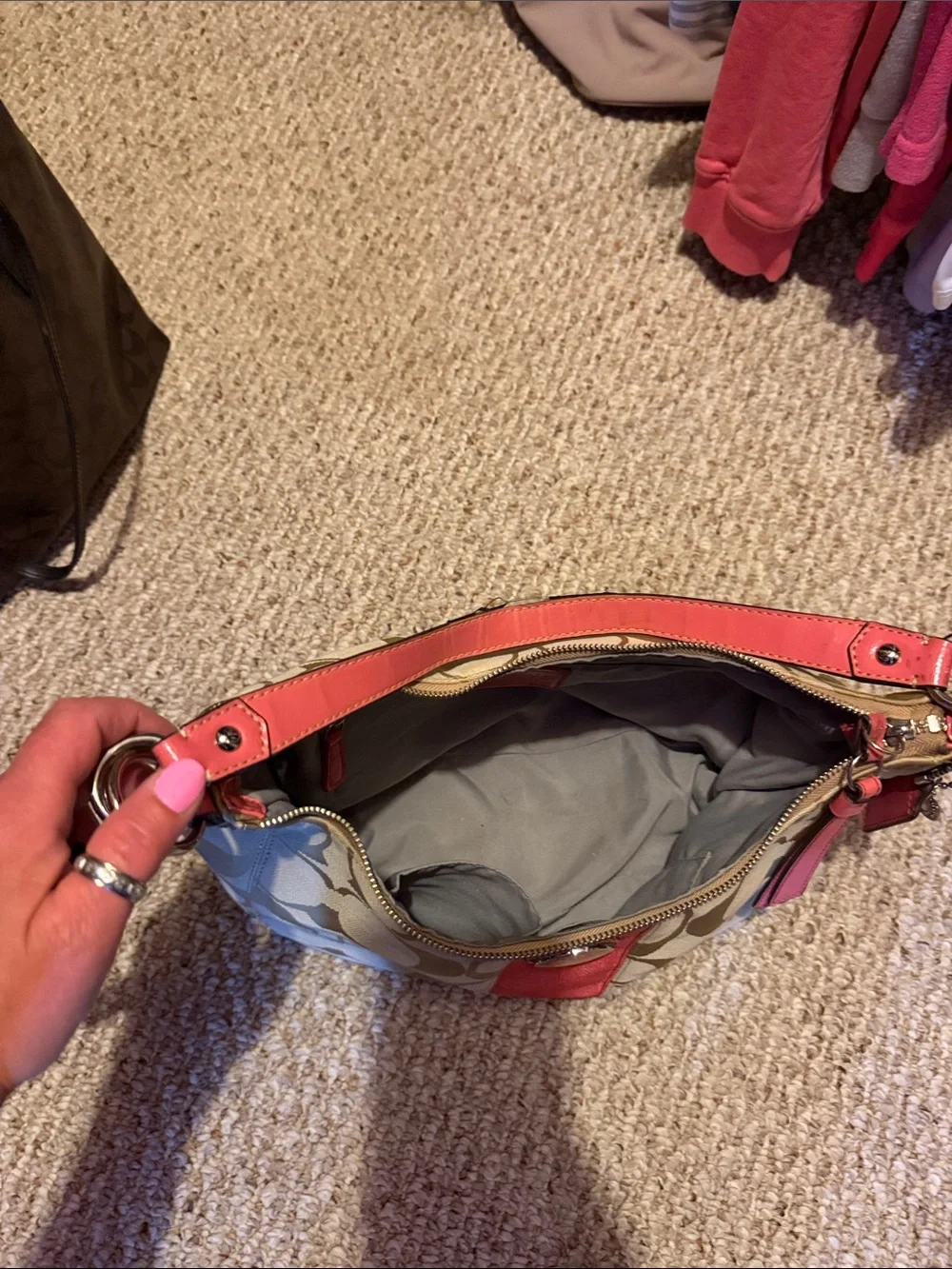 Coach Beige Signature Shoulder Bag with Pink Trim